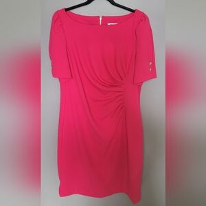 DKNY Ruched Puff Sleeve Pink Sheath Dress 16 Gold Accents